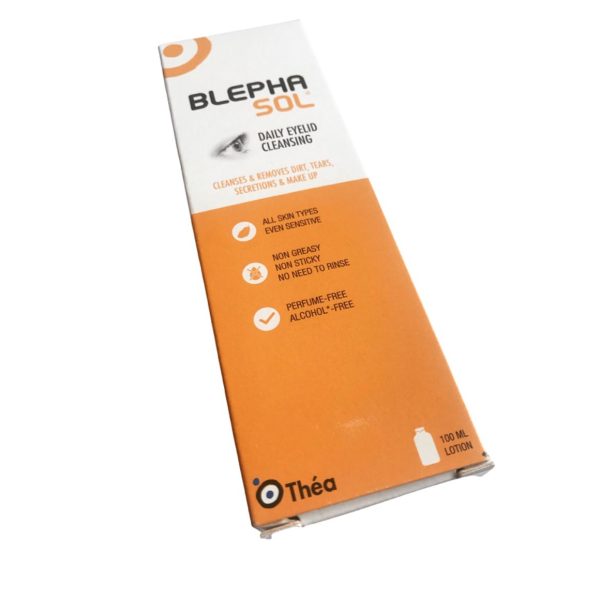This is an image of the outer packaging of Blephasol Daily Eyelid Cleansing Lotion, pack of 100ml.