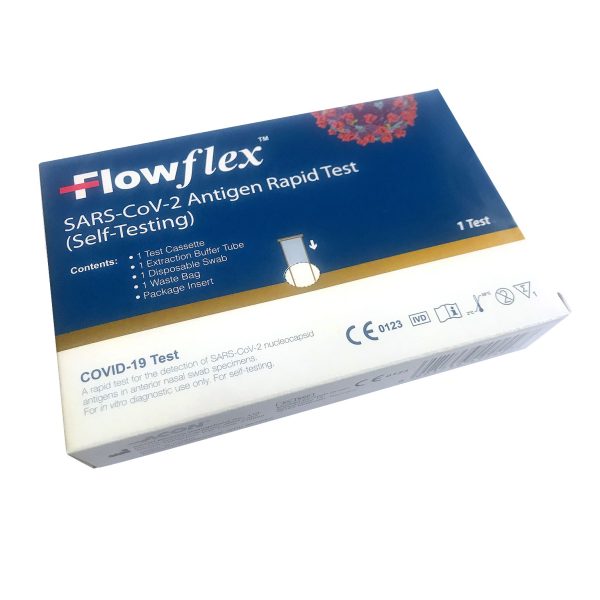 This is an image to show the packaging of the Flowflex lateral flow tests.